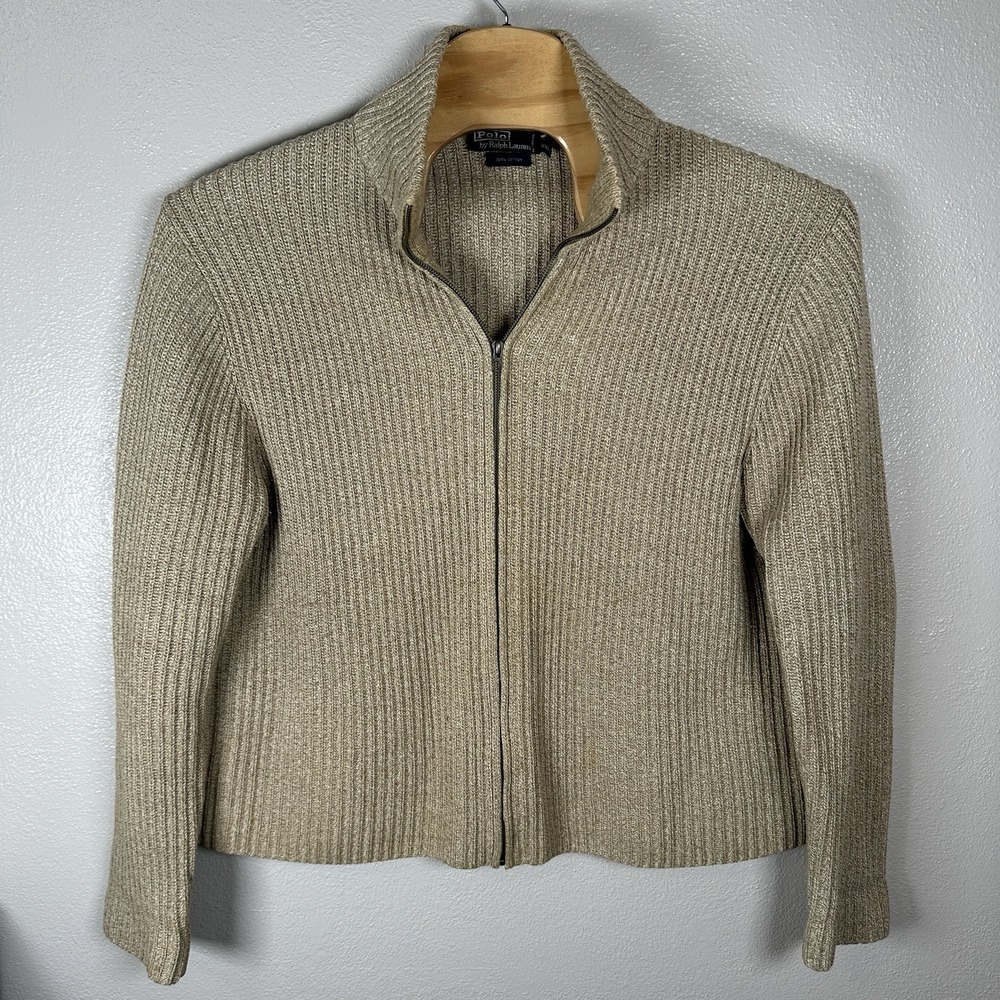 Polo‎ Ralph Lauren Sweater Mens XXL Beige Ribbed Full Zip Mock Neck Cotton Knit